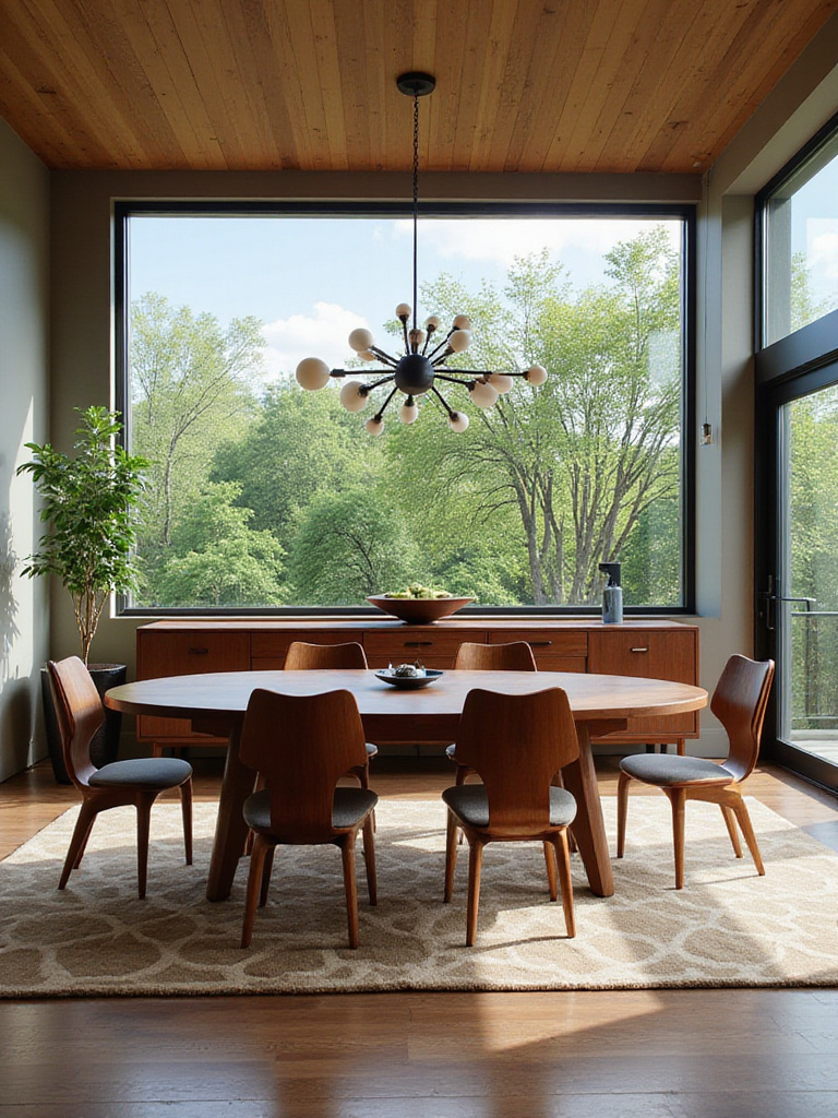 Stylish Mid-Century Modern dining room featuring a walnut oval table, iconic chairs, a Sputnik chandelier, and a credenza. Retro MCM dining room with warm wood tones and geometric rug.