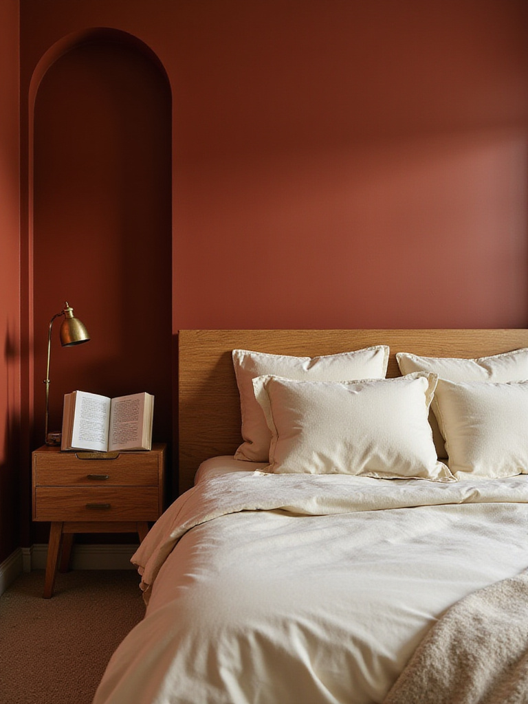 A bedroom with a warm terracotta accent wall behind the headboard, complemented by natural wood and a brass reading lamp.