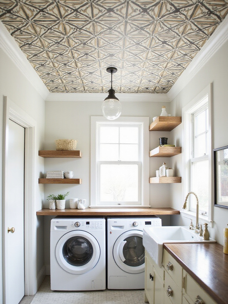 Laundry room with a stylish wallpapered ceiling featuring a geometric pattern.