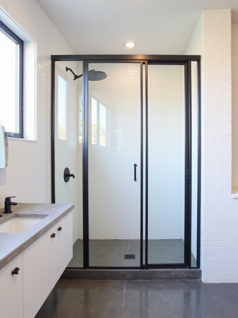 Industrial bathroom with Crittall style shower doors and concrete floor