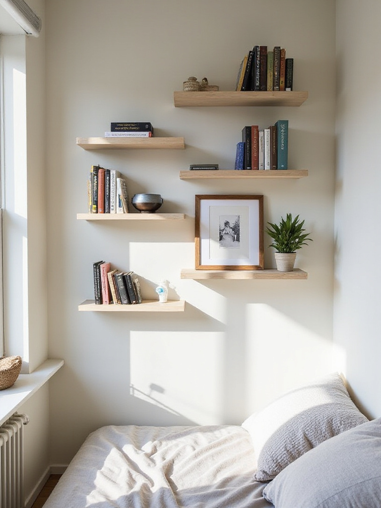 Floating shelves installed on a wall in a small bedroom, holding books, a plant, and a photo frame to maximize vertical storage and display space.