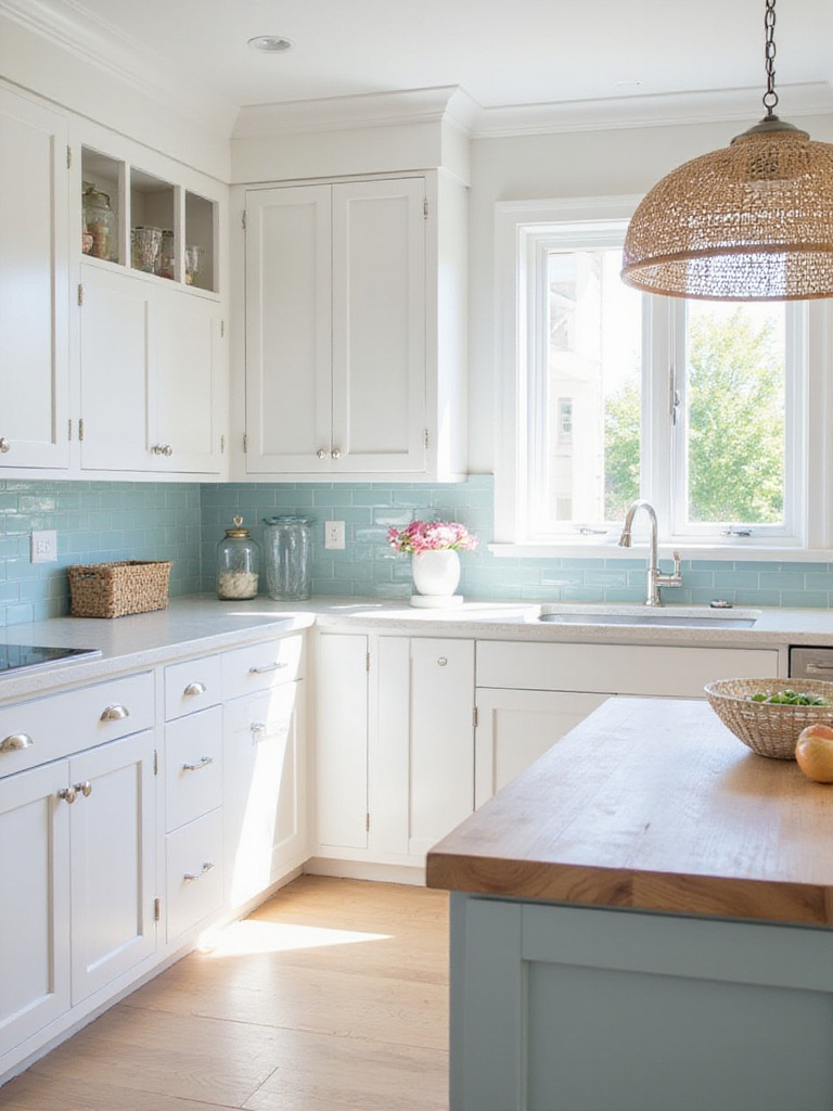 Bright coastal kitchen featuring white quartz perimeter countertops and a light wood butcher block island countertop, enhancing the airy, beach-inspired design.