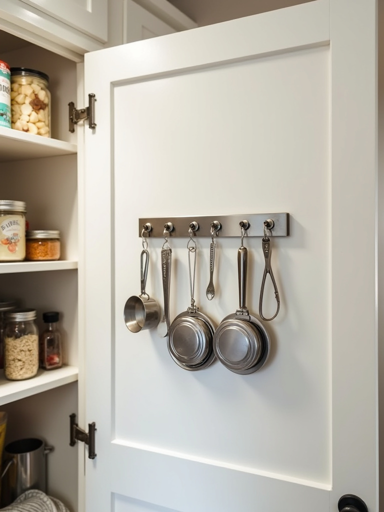 Magnetic strip mounted on the inside of a pantry door, holding metal jar lids and small kitchen tools, demonstrating effective vertical storage in a kitchen pantry.