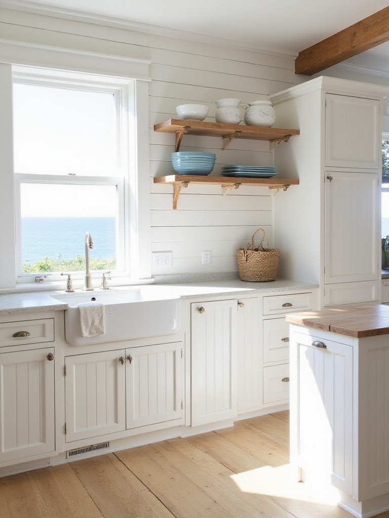Bright coastal kitchen featuring white horizontal shiplap on a wall behind open shelving and vertical beadboard paneling on the kitchen island.