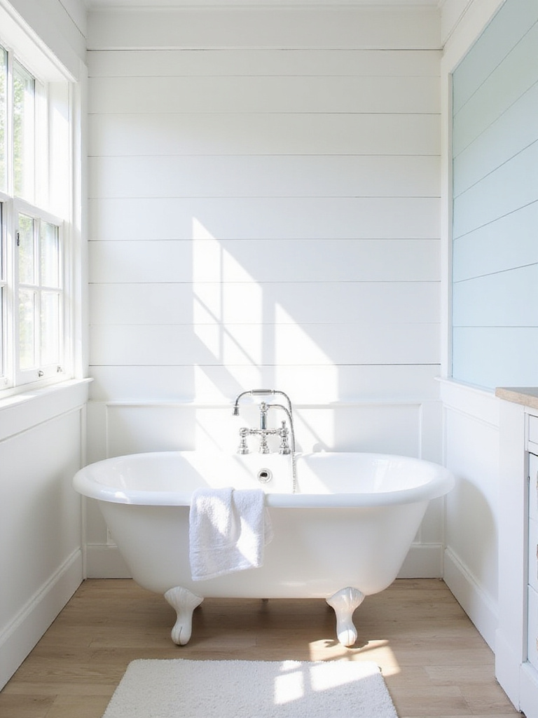 Bright coastal bathroom with white horizontal shiplap walls, a clawfoot tub, and natural light.