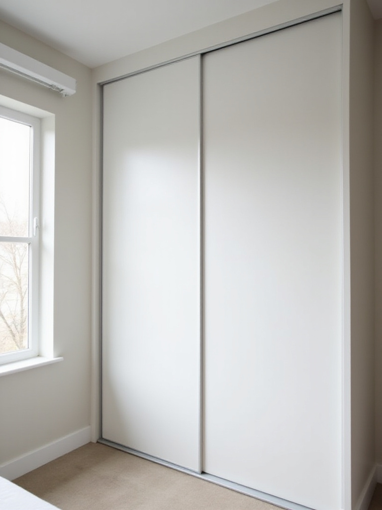 Small bedroom with white sliding closet doors maximizing space.