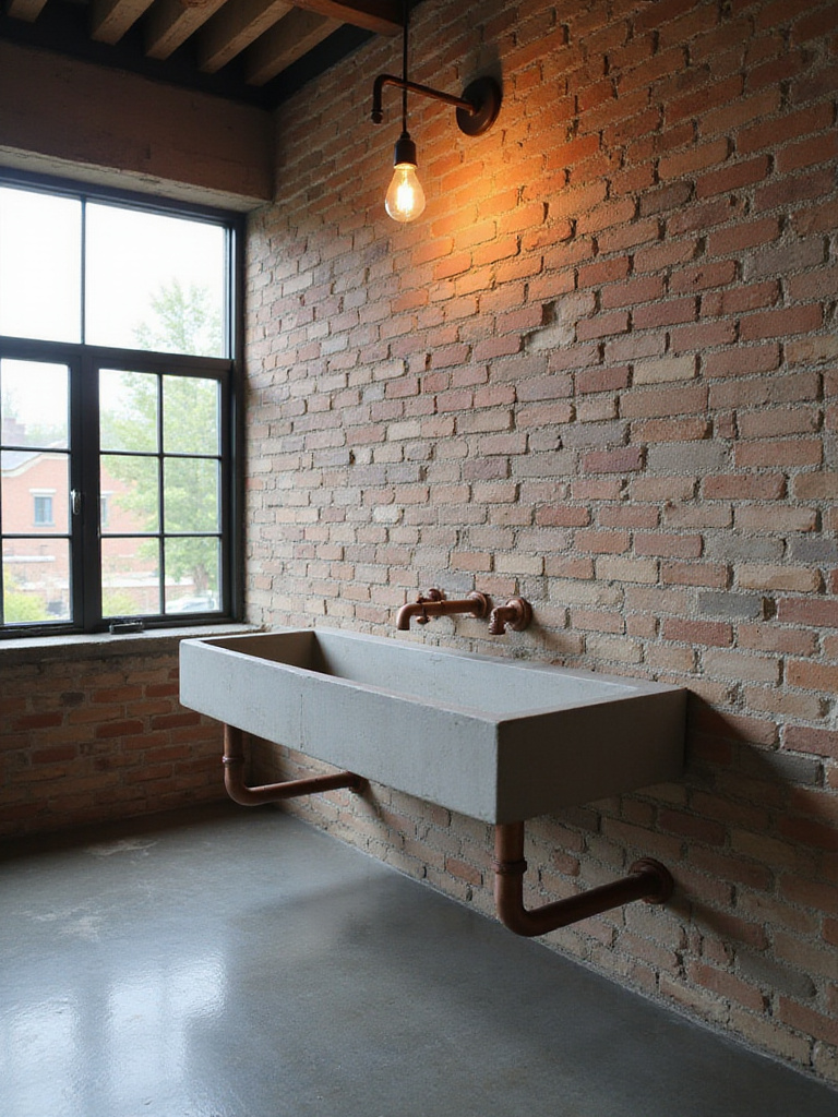 Industrial bathroom featuring a wall-mounted concrete trough sink with exposed copper plumbing.
