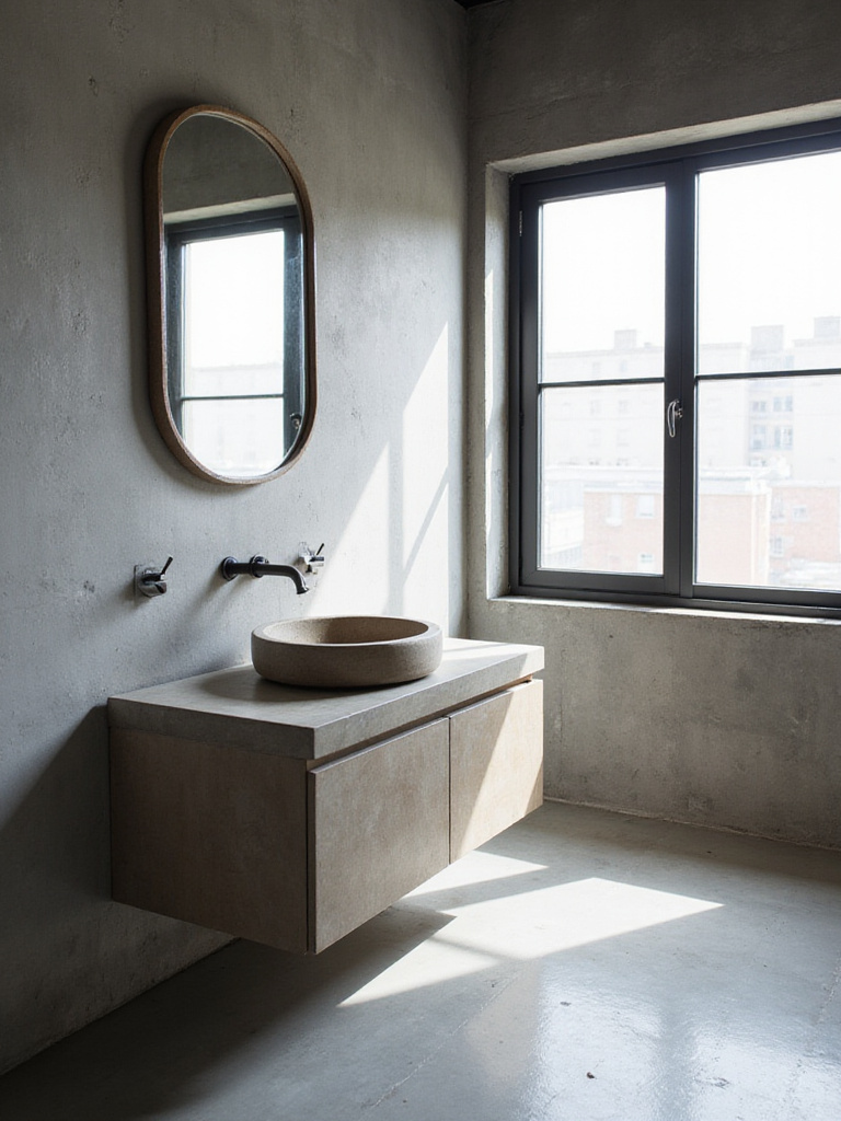Industrial bathroom with concrete vanity and polished concrete floor