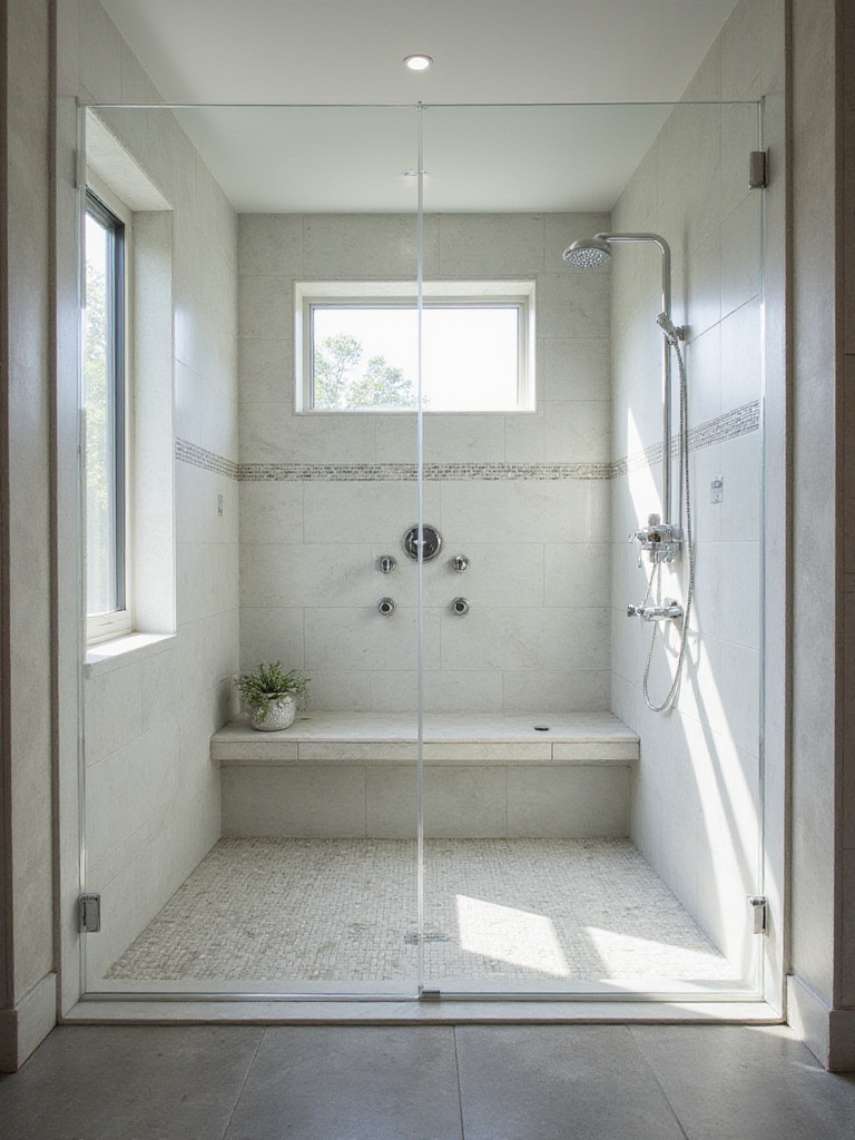 Luxurious modern bathroom with a spacious walk-in shower featuring frameless glass, a built-in bench, rainfall showerhead, and elegant large-format tile walls.