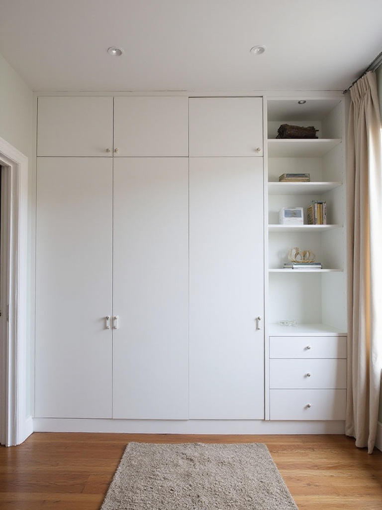 Small bedroom with closed Murphy bed and integrated shelving.