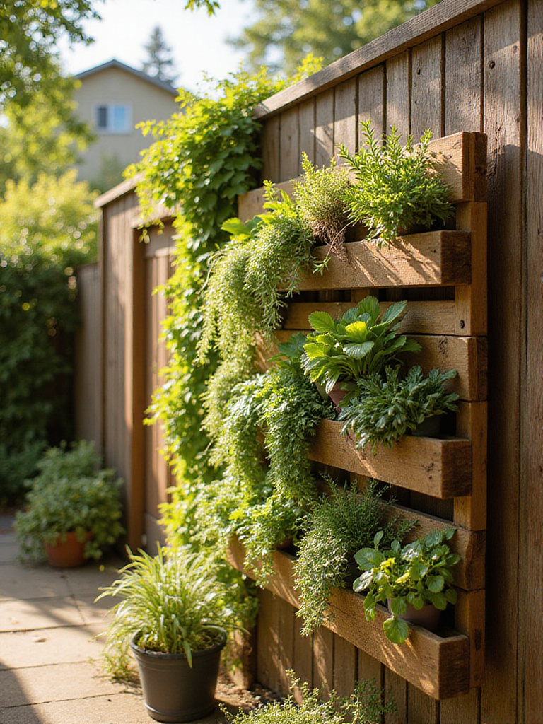 Vertical wall garden made from repurposed pallets on a backyard fence.
