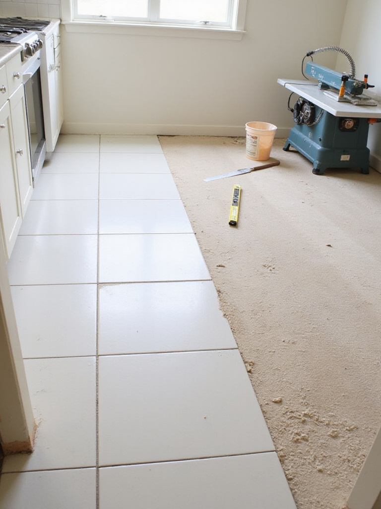 Half tiled kitchen floor showing the difference between finished tile and the subfloor, highlighting the DIY or professional installation decision.