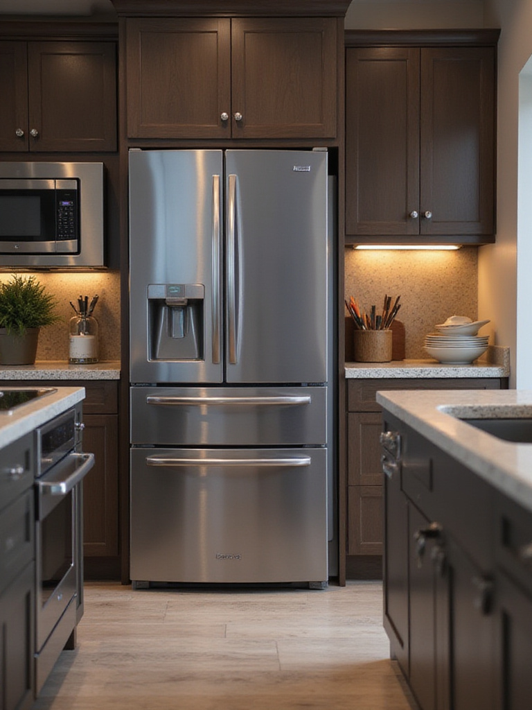 High-tech kitchen showcasing integrated smart appliances including a smart refrigerator and oven.