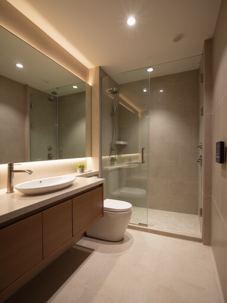 Modern luxury bathroom with integrated smart technology, including a smart mirror, sleek smart toilet, and digital shower controls, highlighting advanced home comfort and convenience.