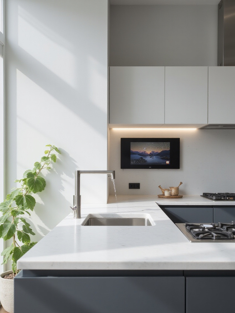 Modern kitchen countertop with integrated smart technology: smart display, touchless faucet, and smart lighting.