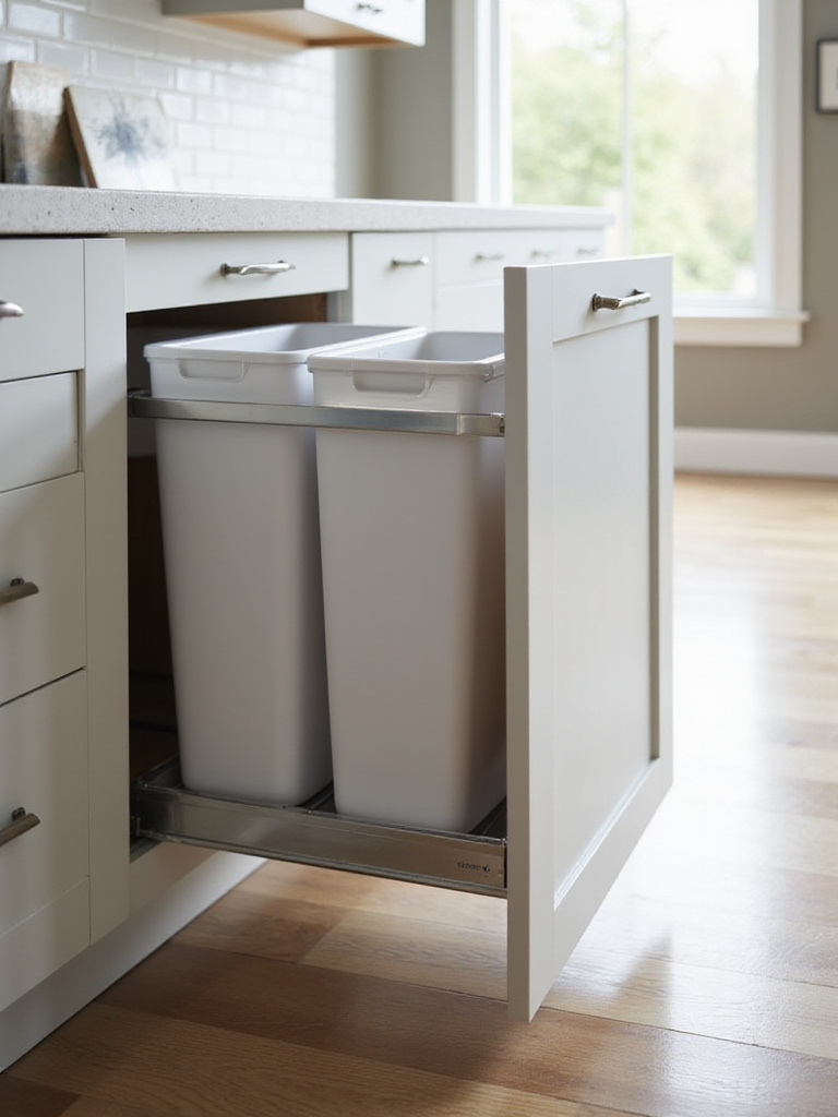 Pull-out trash and recycling bins integrated into a modern kitchen base cabinet, extended slightly to show the two bins.