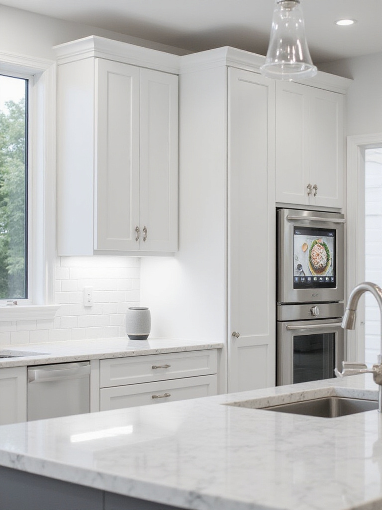 Modern kitchen featuring integrated smart technology, including a smart refrigerator and under-cabinet lighting.