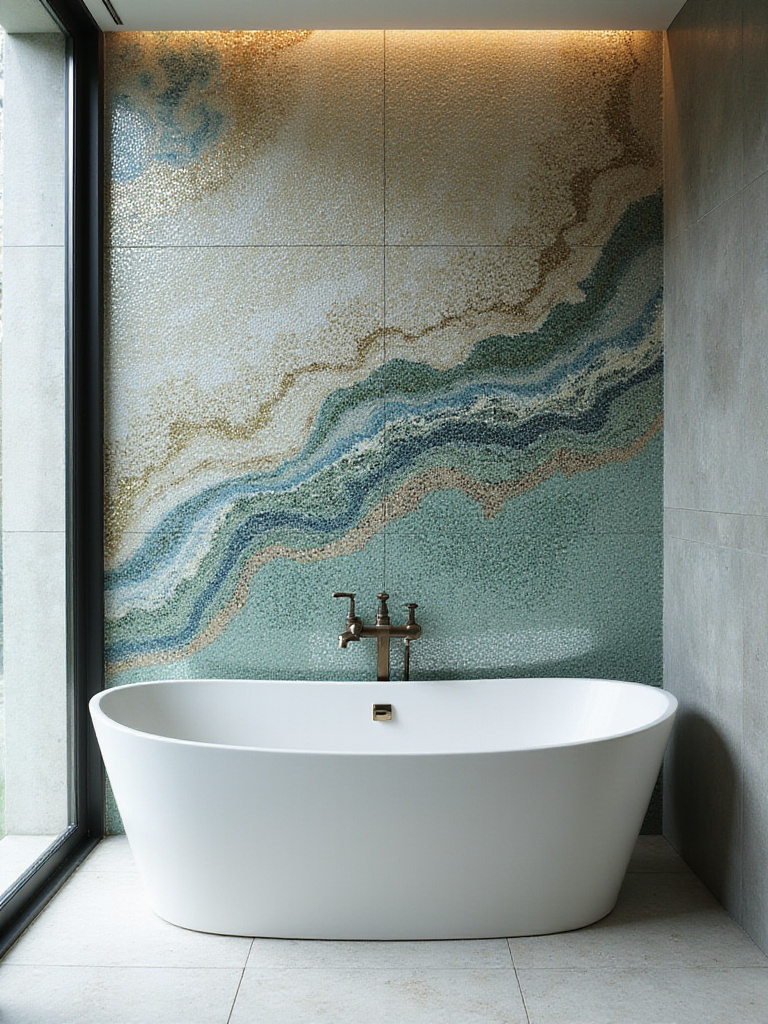 Full wall of intricate abstract mosaic art behind a freestanding bathtub in a luxurious bathroom.