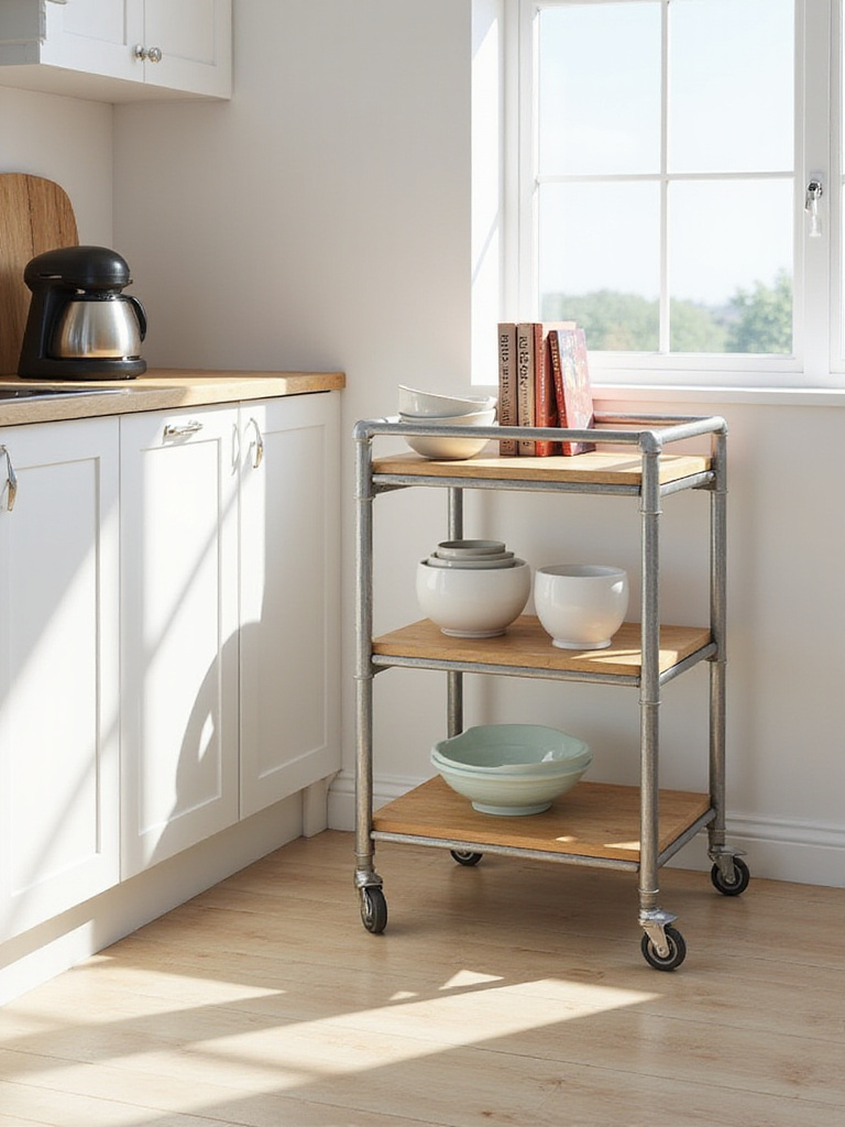 A rolling kitchen storage cart with a wooden top and metal shelves, holding bowls and cookbooks, in a bright, organized kitchen.