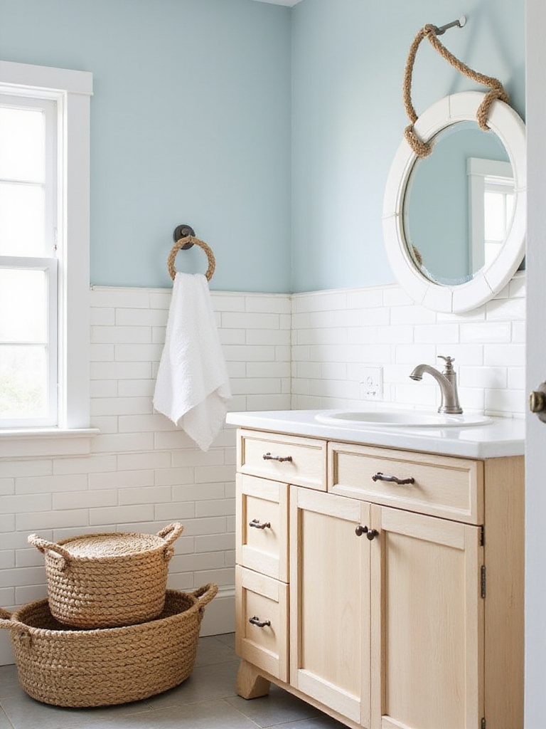 Coastal bathroom featuring a light wood vanity with rope pulls, a rope-wrapped mirror frame, and a towel bar wrapped in rope, enhancing the nautical decor.