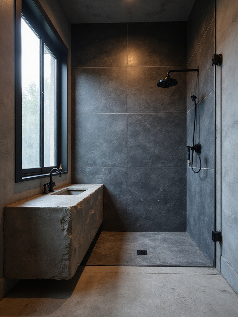 Industrial bathroom featuring slate shower and stone vanity.