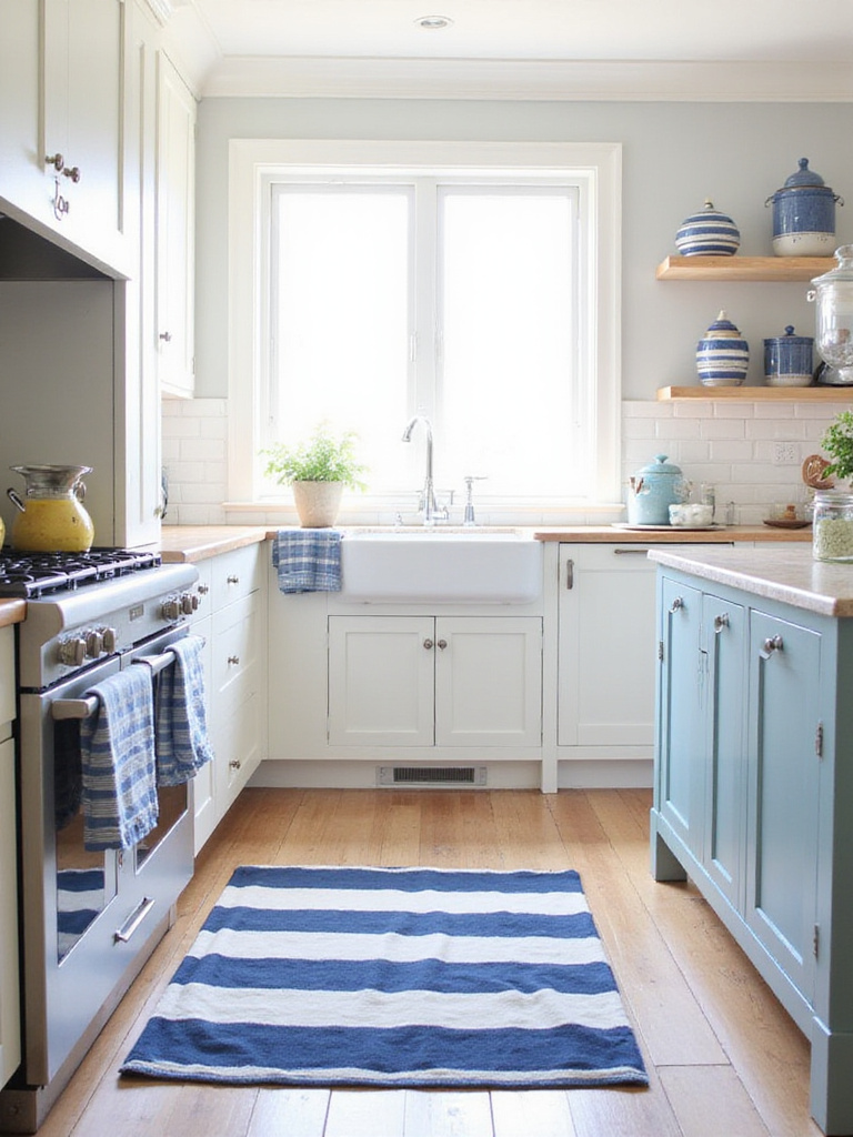 A bright coastal kitchen featuring light cabinets and countertops, accented with navy blue and white striped patterns on an area rug and kitchen towels, creating a classic seaside look.