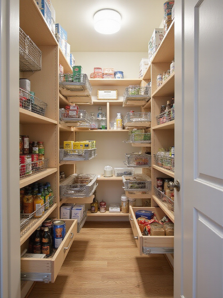 Interior of a modern kitchen pantry featuring pull-out wire baskets and wooden drawers on shelves, showcasing organized storage solutions.