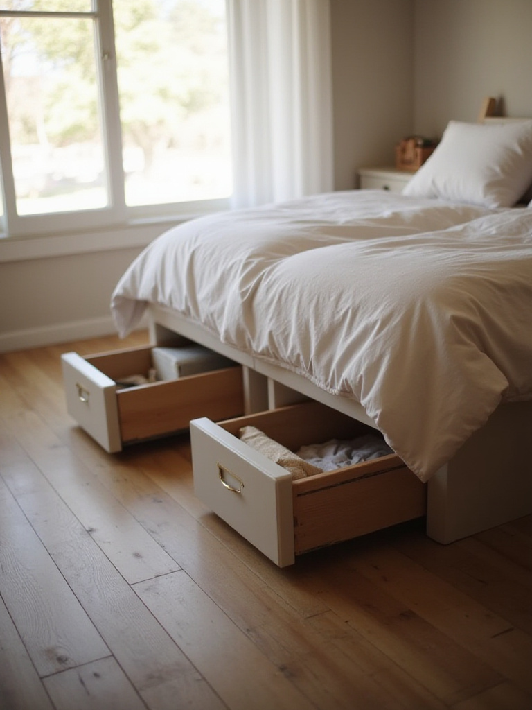 Under-bed storage drawers neatly tucked beneath a bed in a small, organized bedroom, maximizing space.