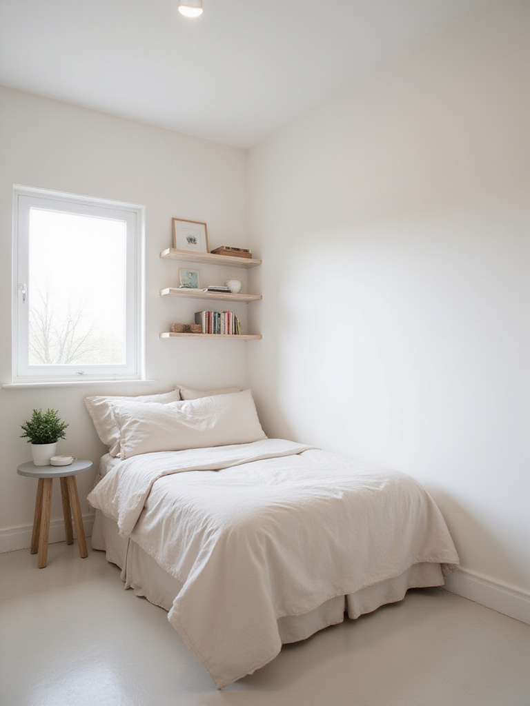 Small minimalist bedroom with decluttered surfaces and natural light.