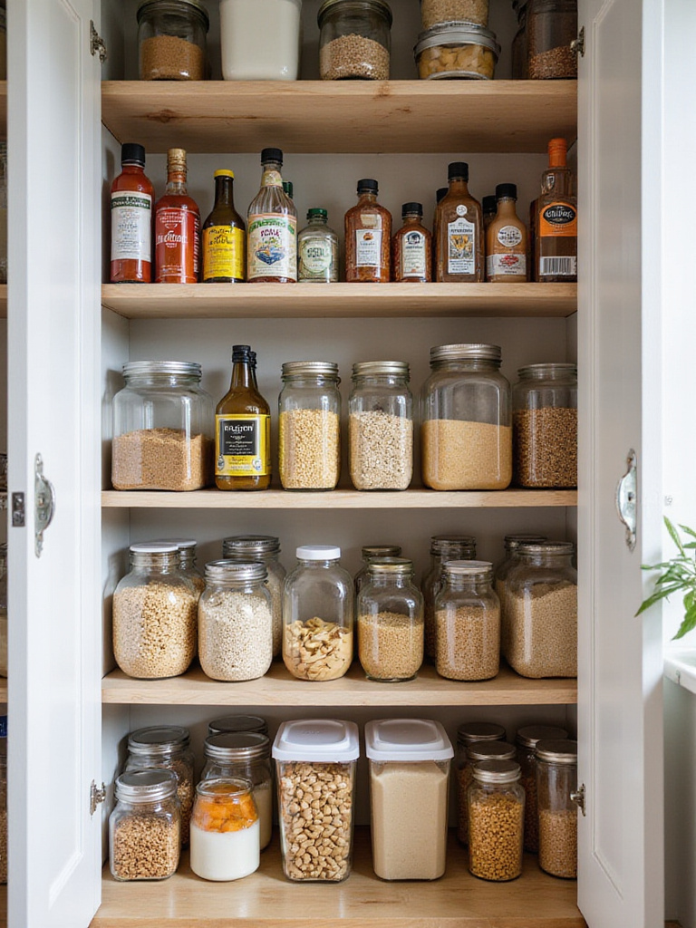 Organized kitchen pantry shelves with frequently used food items like spices, oils, and grains neatly arranged at eye level for easy access.