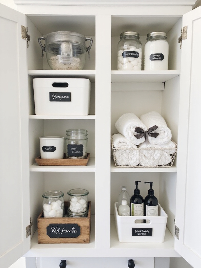 Interior of a tidy bathroom cabinet showing organized containers and shelves with stylish, clear labels for items like cotton balls, skincare, and towels.