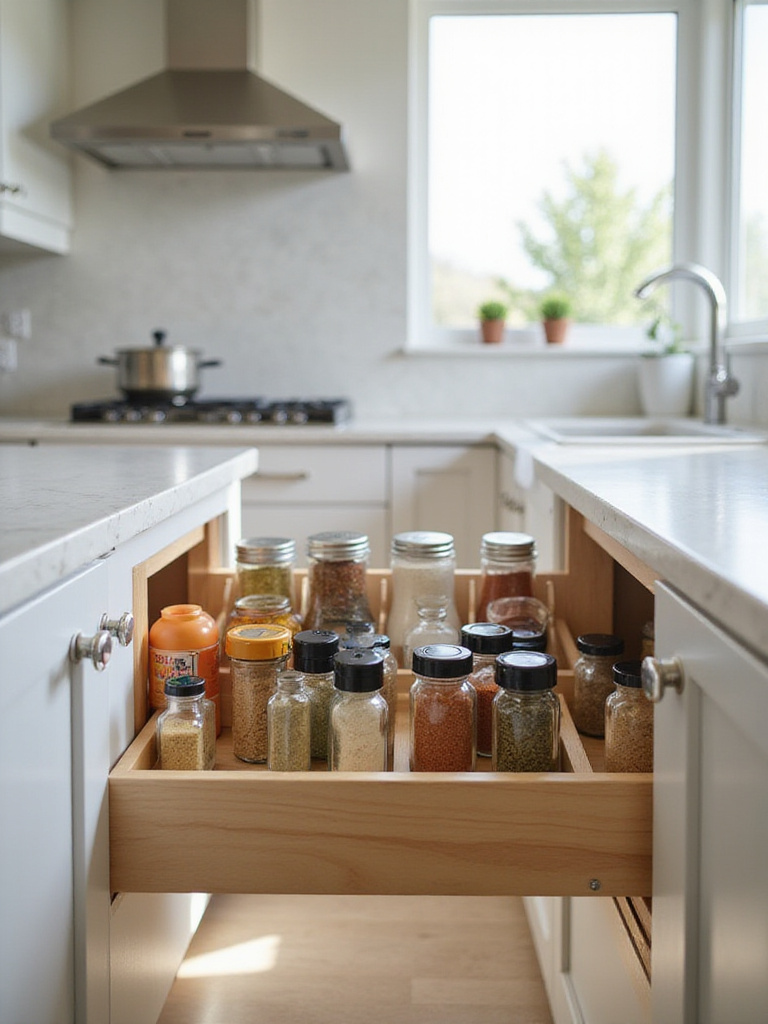 A well-organized collection of spice jars stored in a purpose-built pull-out rack inside a modern kitchen cabinet.