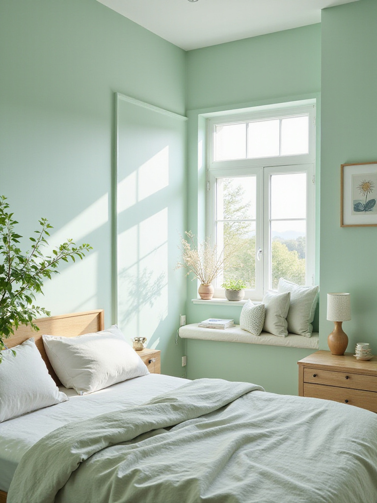 A bedroom painted in pastel mint green, creating a light, airy, and fresh daylight reading sanctuary.
