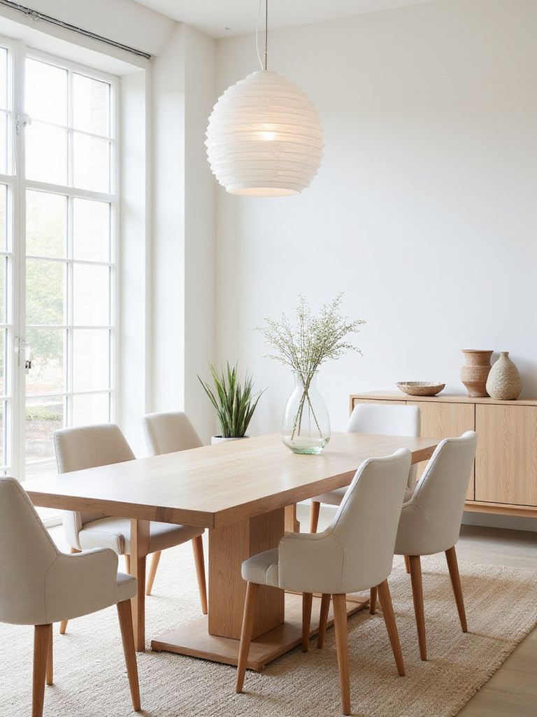 A serene dining room featuring a neutral color palette of whites, creams, beiges, and grays, with a light wood table, upholstered chairs, and textured rug.