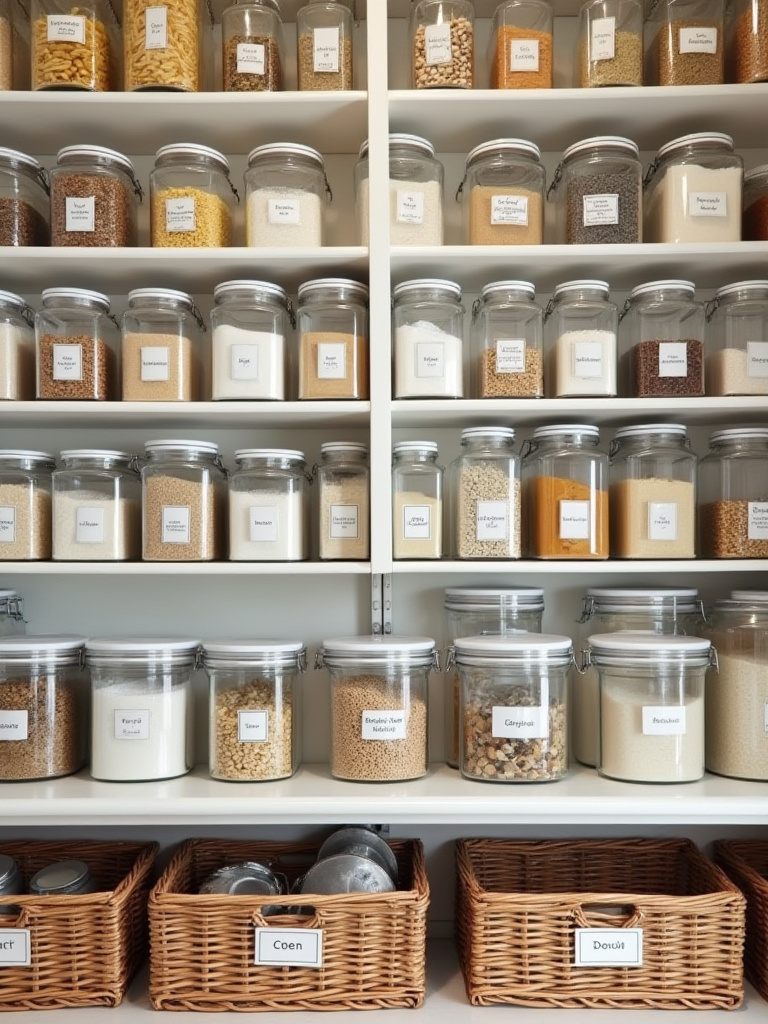 Beautifully organized kitchen pantry shelves with uniformly labeled glass and plastic containers of dry goods and labeled storage baskets.