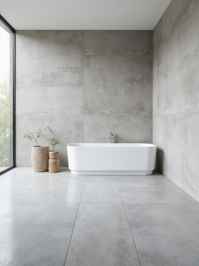 Modern bathroom featuring large format grey concrete-look porcelain slabs on walls and floor, creating a seamless, minimalist design around a white freestanding bathtub.