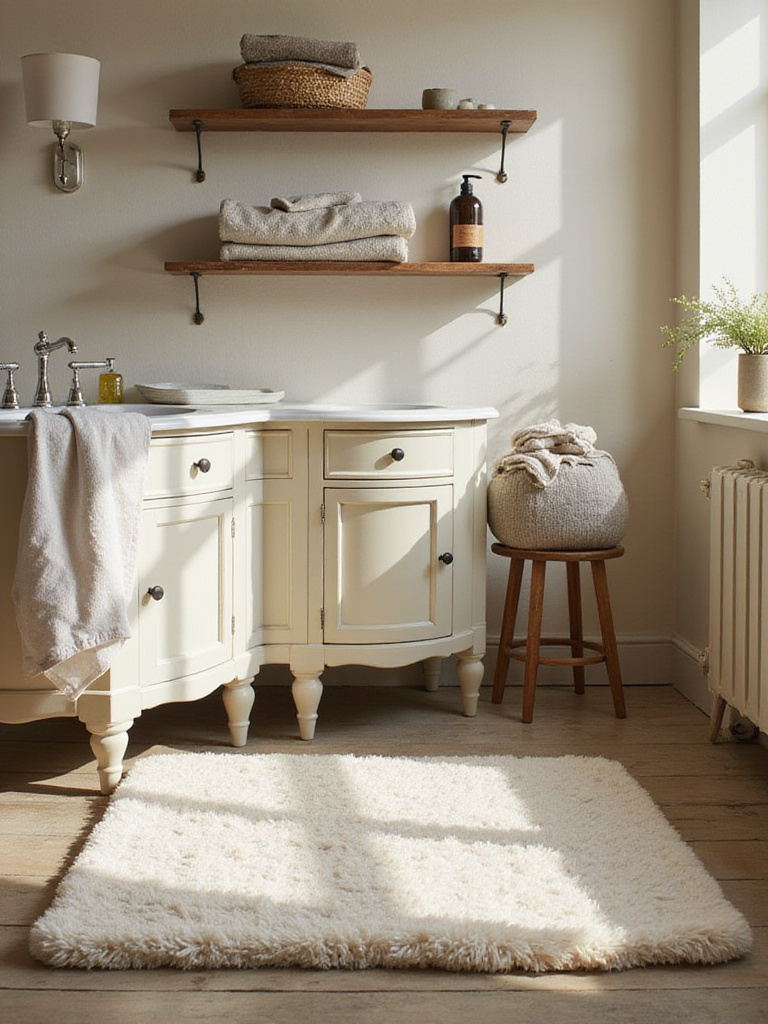 Farmhouse bathroom with layered soft cotton and linen textiles for comfort