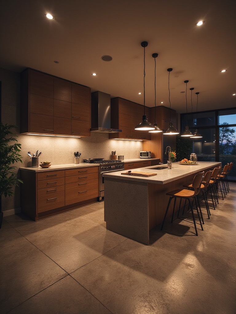 Modern kitchen showcasing layered lighting: recessed ambient, under-cabinet task, and island pendant lights for function and mood.