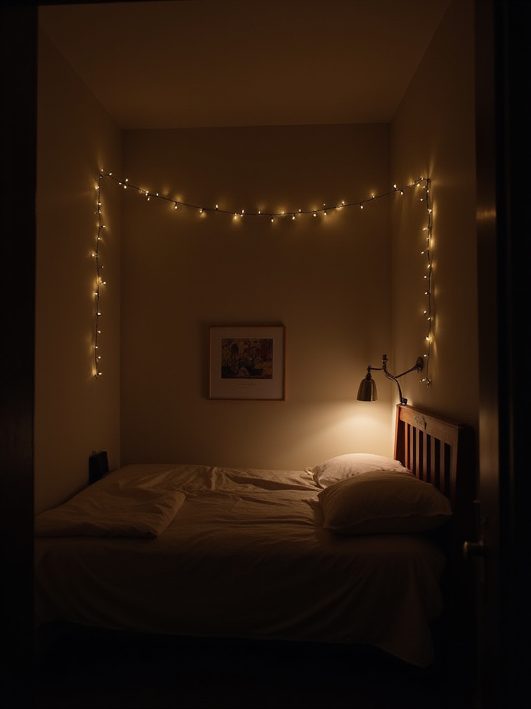 Small bedroom with layered lighting featuring string lights, wall sconce, and artwork spotlight.