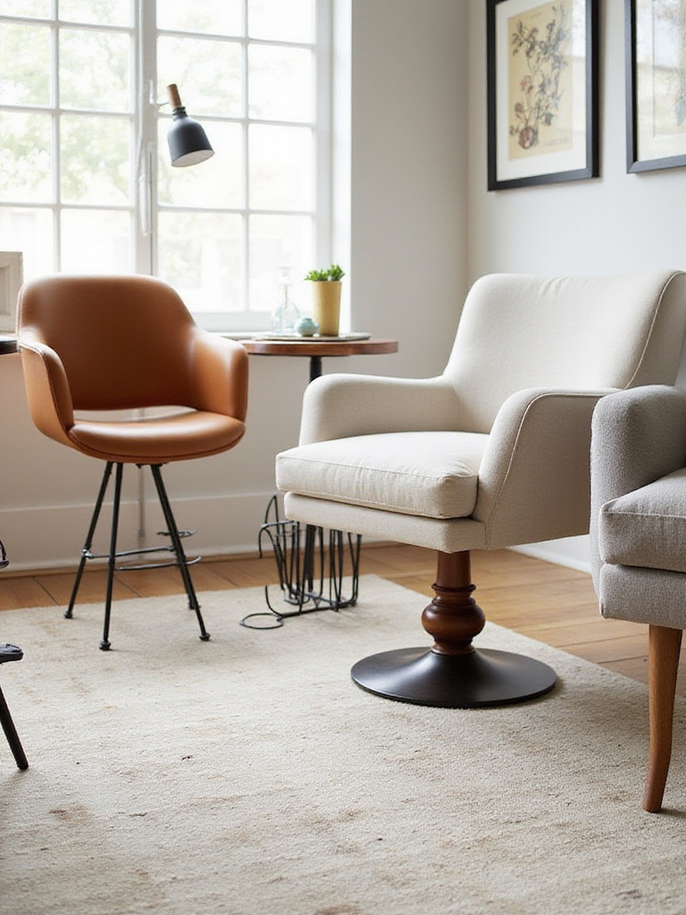 Living room scene showcasing accent chairs with prominent and stylish bases and legs, including metal, turned wood, and pedestal designs.