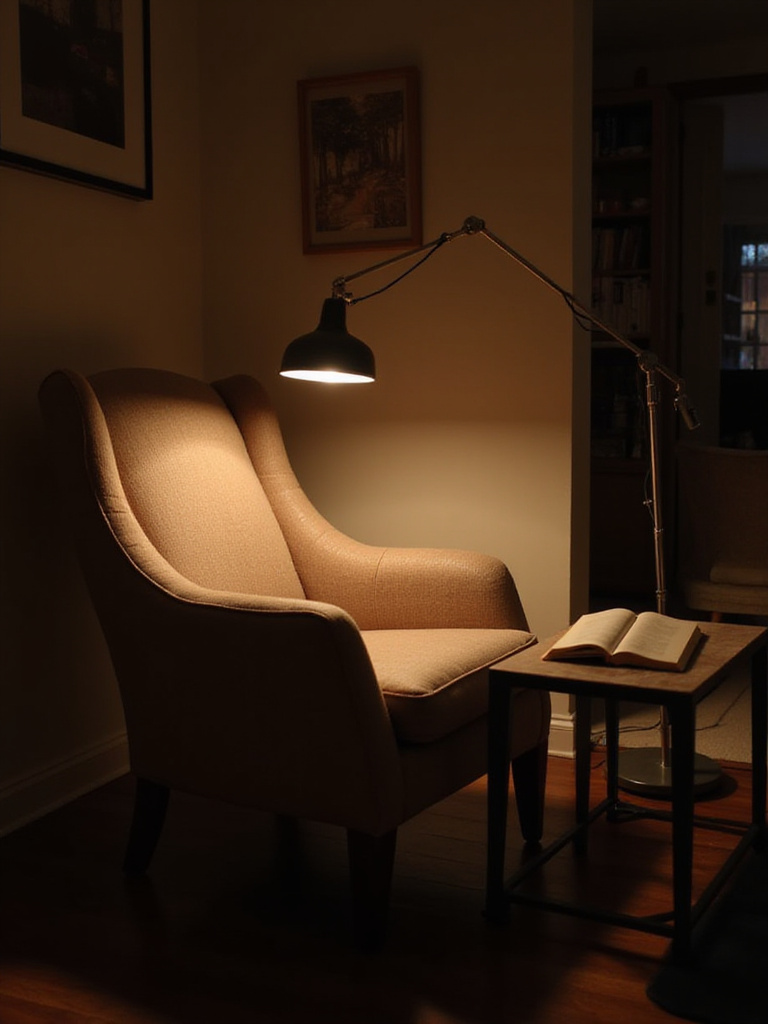 A cozy living room reading nook with a comfortable armchair and an adjustable floor lamp providing focused task lighting.