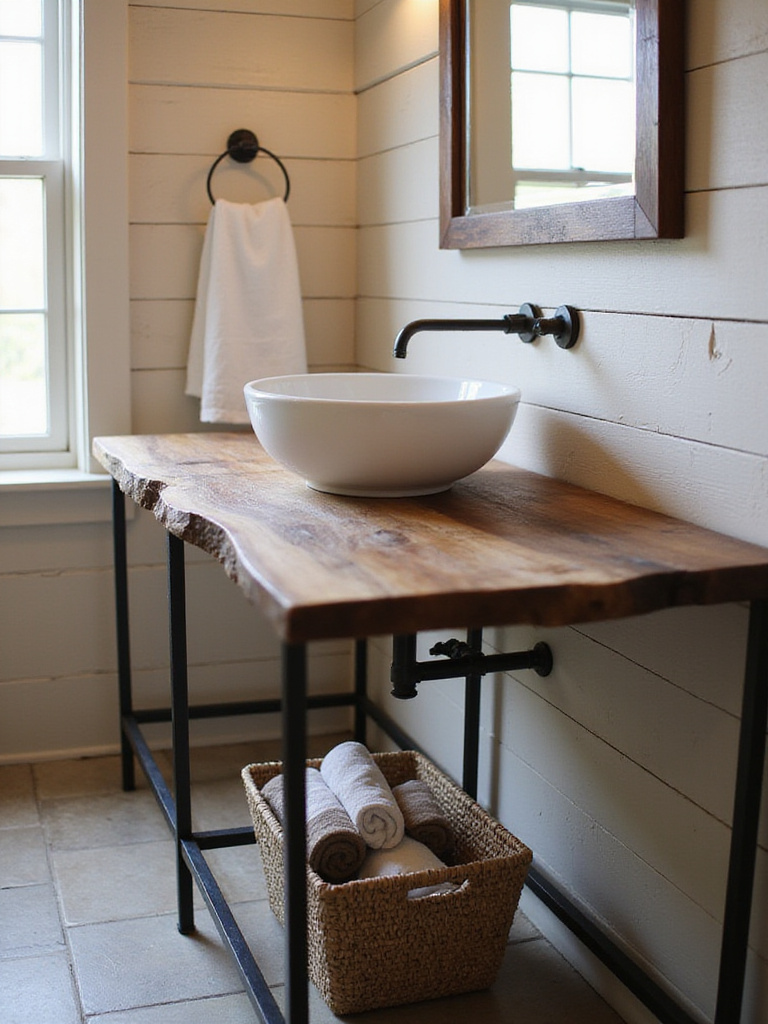 Rustic bathroom with live edge walnut vanity countertop and vessel sink