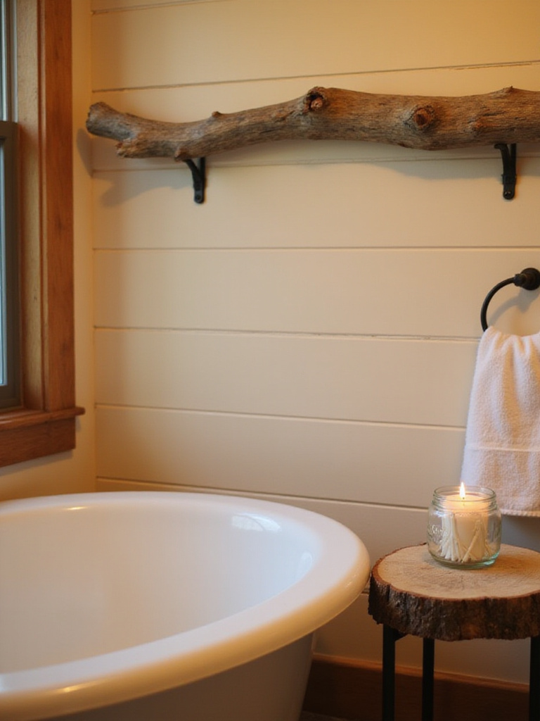 Rustic bathroom with branch towel rack and log side table