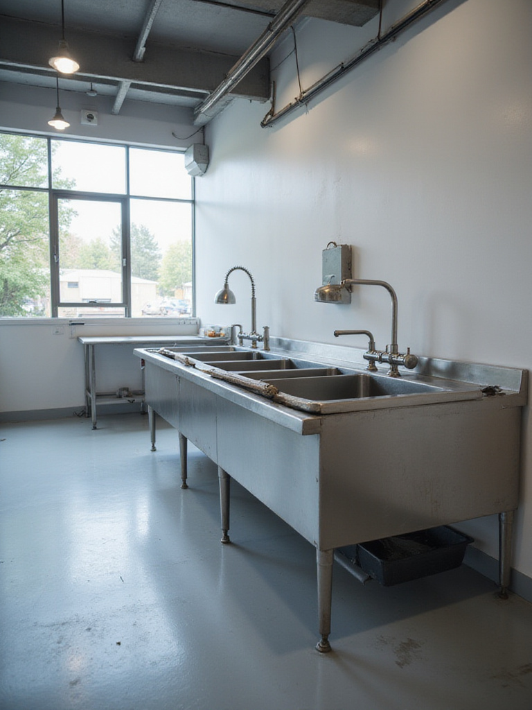 Large multi-compartment stainless steel industrial kitchen sink in a clean, well-lit commercial kitchen environment, highlighting its durability and long-term presence.
