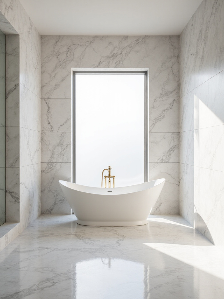 Luxurious bathroom featuring walls and floor covered in large format white marble tiles with dramatic gray veining.