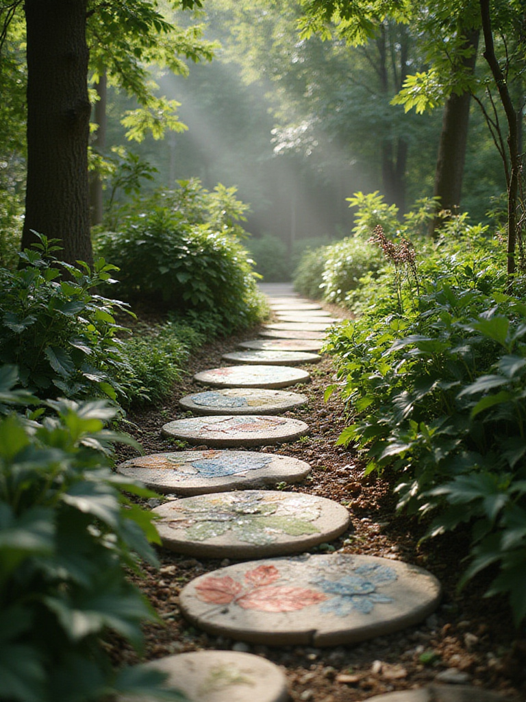 DIY stepping stone pathway winding through a backyard garden.