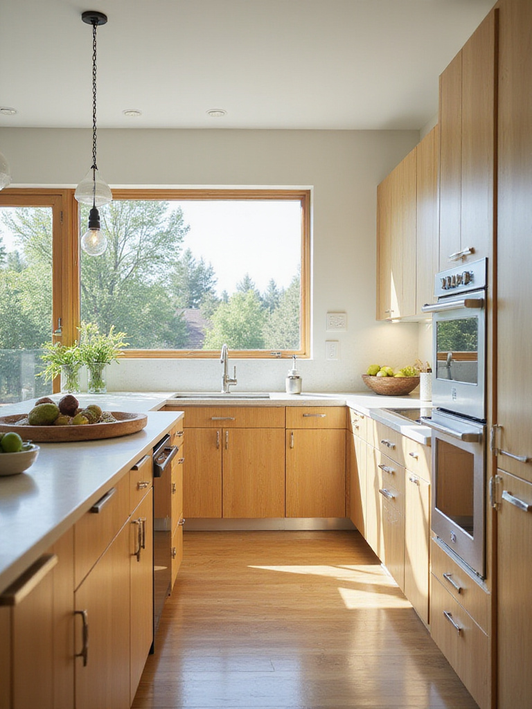 Modern eco-friendly kitchen with natural light, sustainable materials, and energy-efficient features.