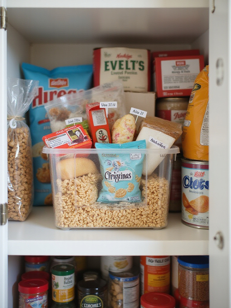 Organized kitchen pantry with a designated 'Use First' shelf containing opened food packages and items needing to be used soon.