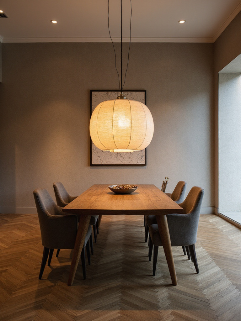 Dramatic oversized pendant light fixture hanging above a wooden dining table in a stylish dining room.