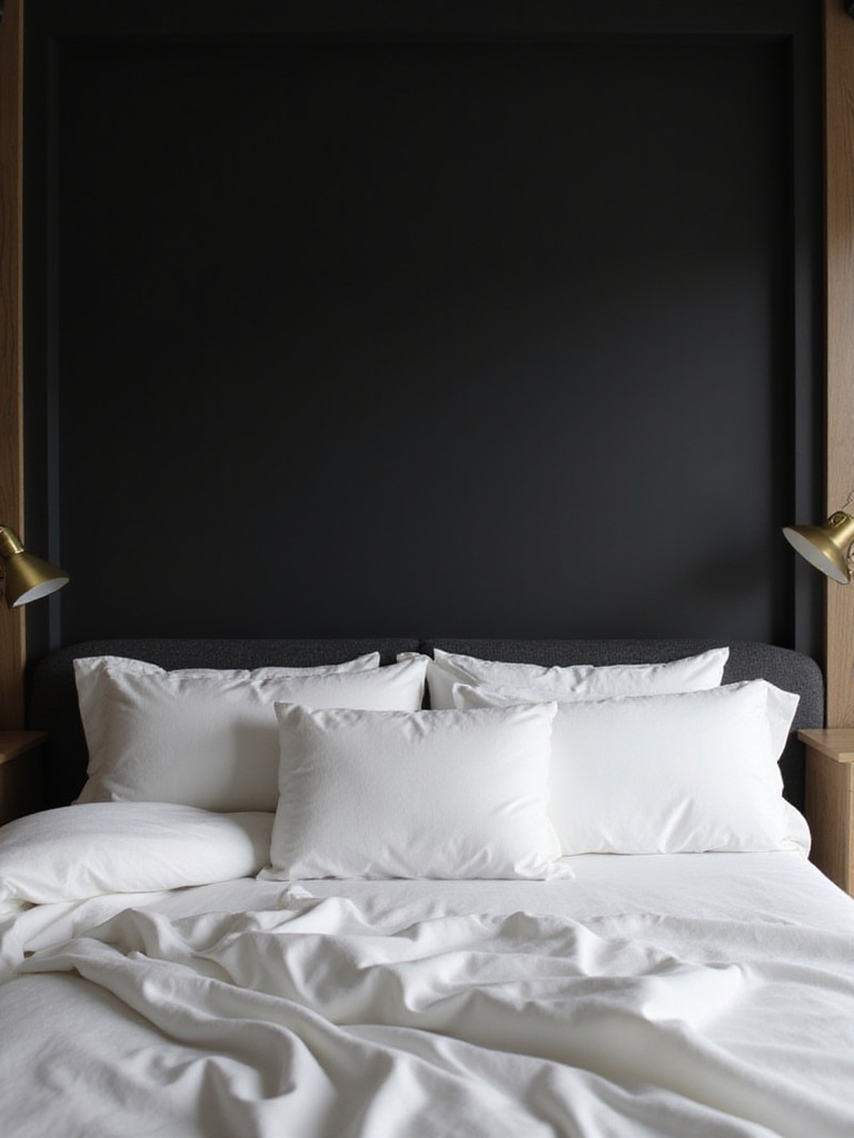 A bedroom with a statement black accent wall behind the bed, accented with wood and brass, creating a focused reading environment.